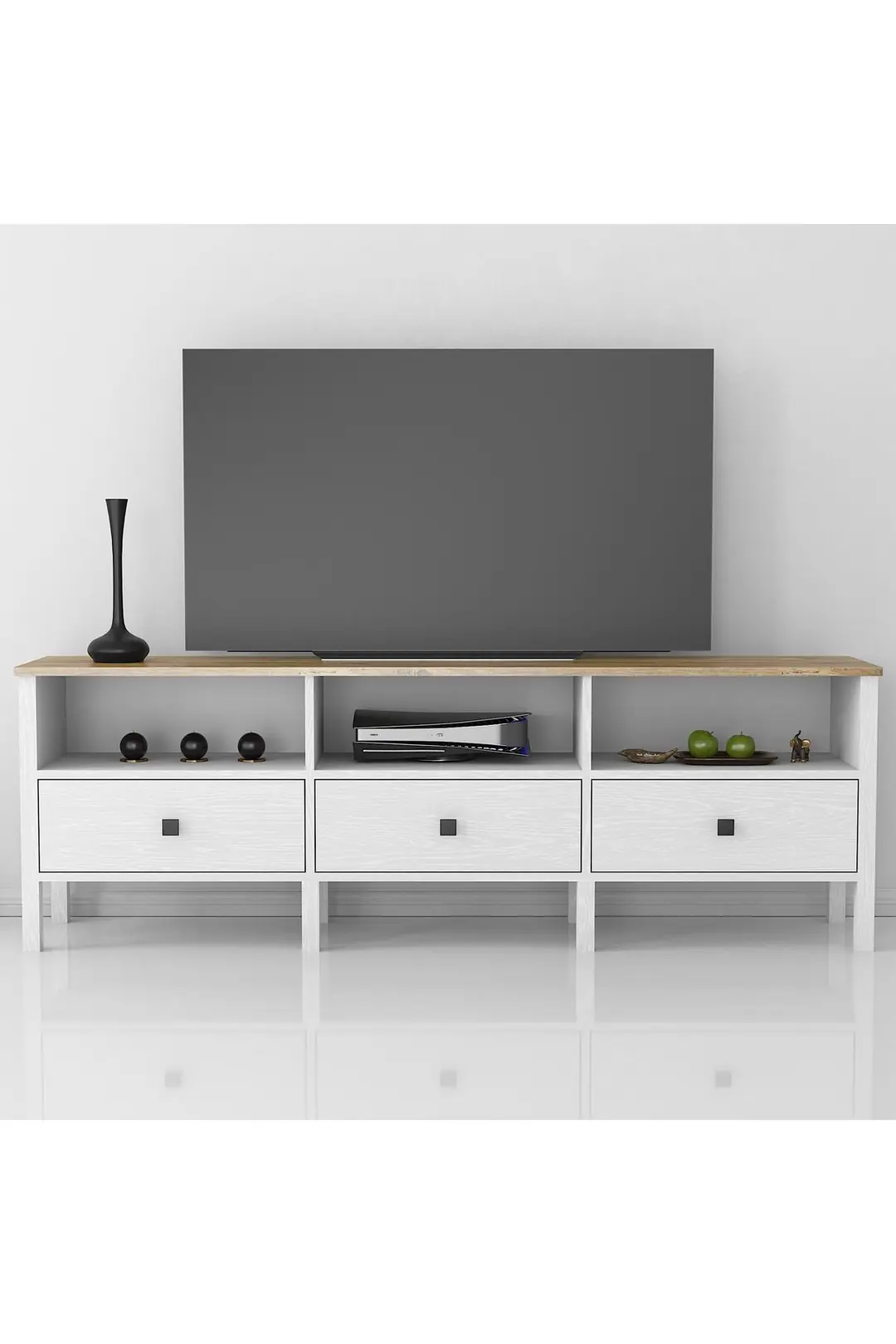 Venezia 3 Çekmece 3 Bölmeli Ahşap Ayaklı Tv 150 Cm Tv Ünitesi - Minifiksli -Atlantik çam /Wood Beyaz